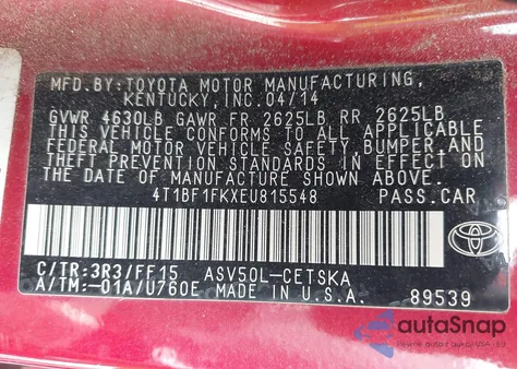 2014 Toyota Camry Se z USA, uszkodzony, nr VIN 4T1BF1FKXEU815548